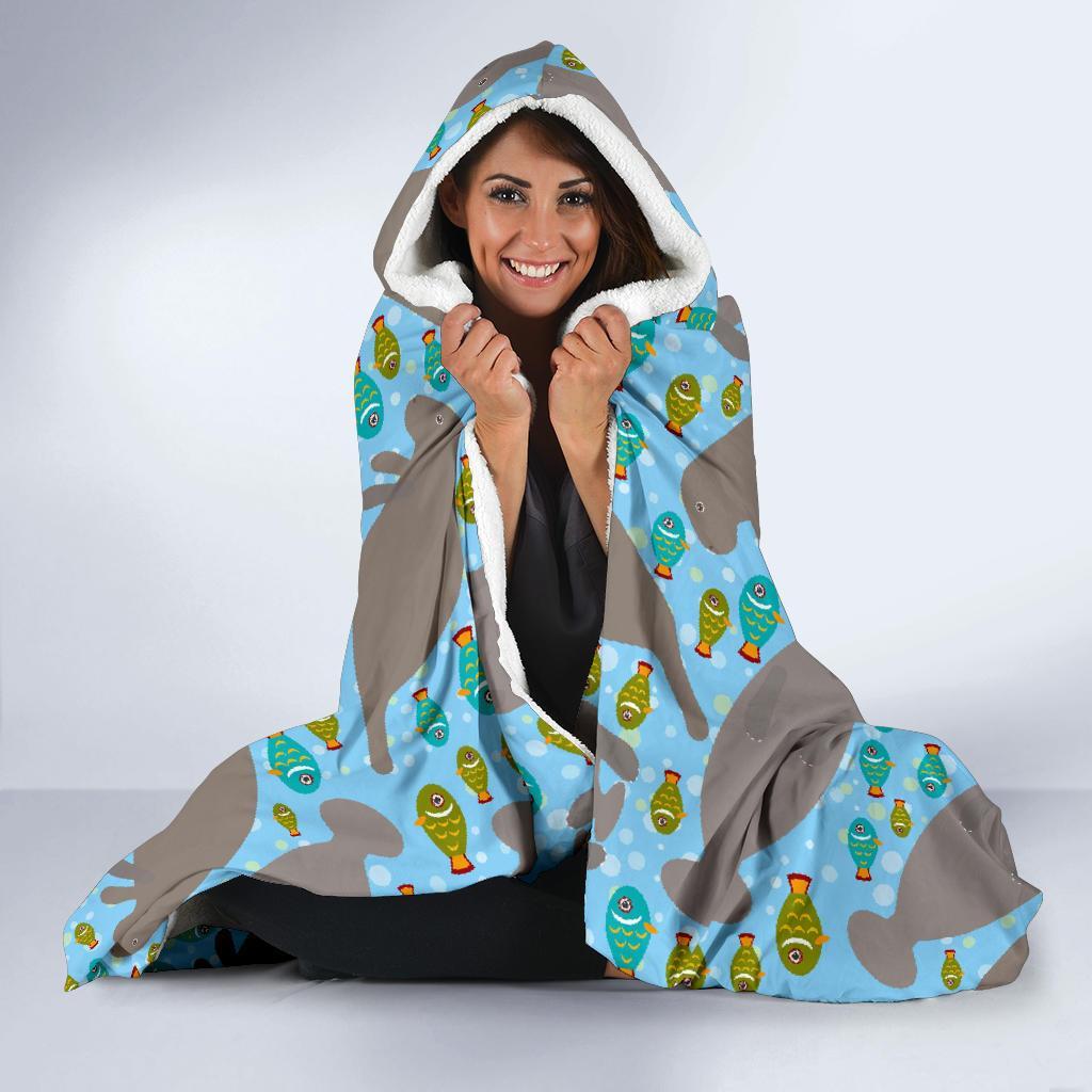 Manatee Pattern Print Hooded Blanket-grizzshop