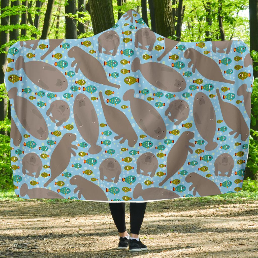 Manatee Pattern Print Hooded Blanket-grizzshop