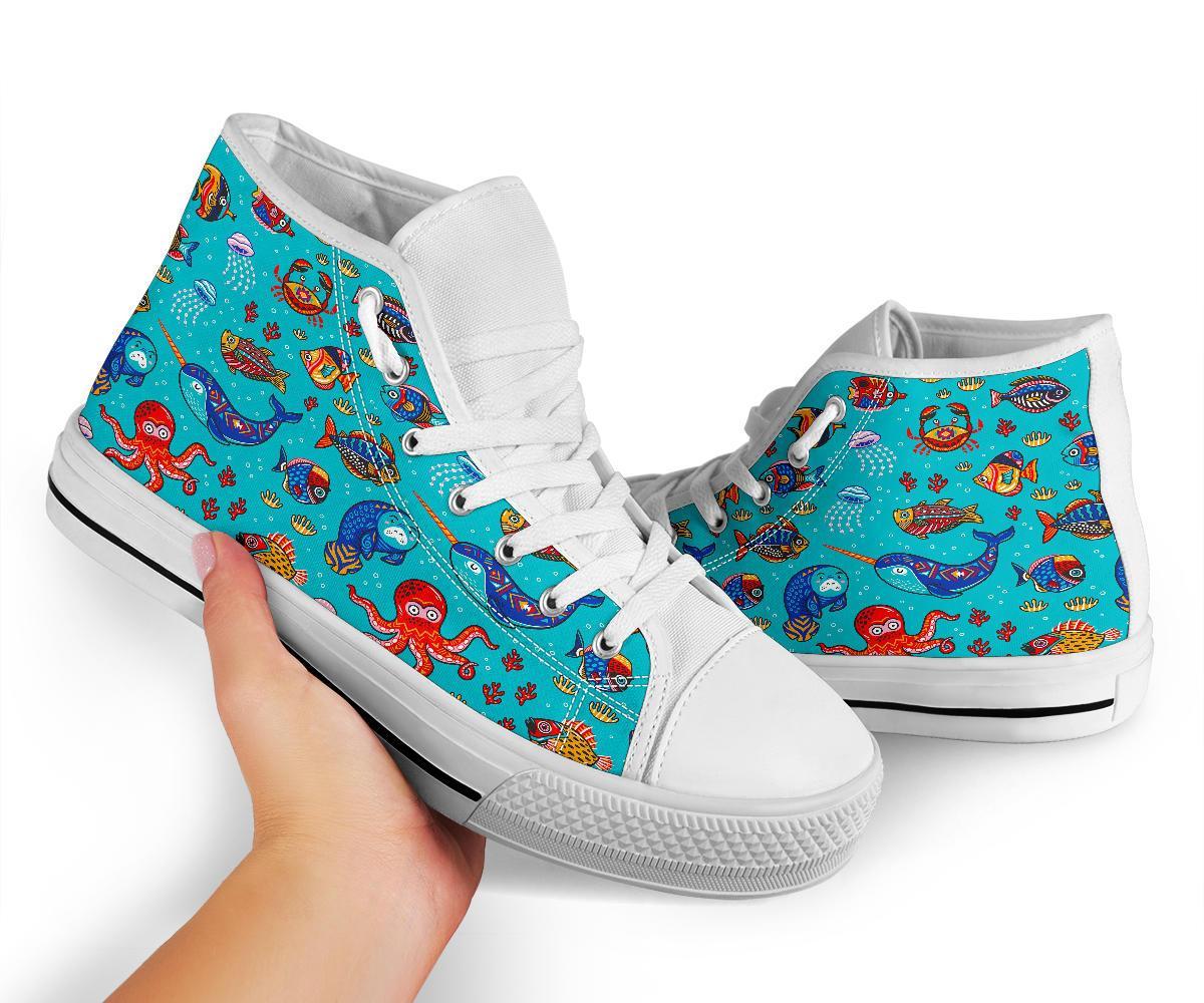 Manatee Whale Fish Octopus Pattern Print Men Women's High Top Shoes-grizzshop