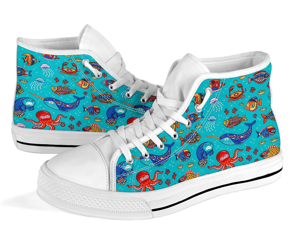 Manatee Whale Fish Octopus Pattern Print Men Women's High Top Shoes-grizzshop