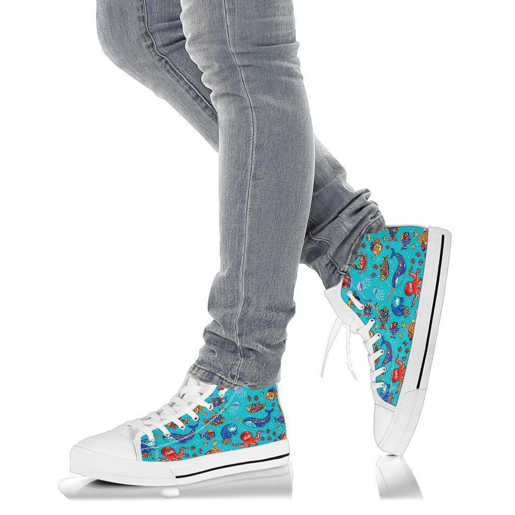 Manatee Whale Fish Octopus Pattern Print Men Women's High Top Shoes-grizzshop