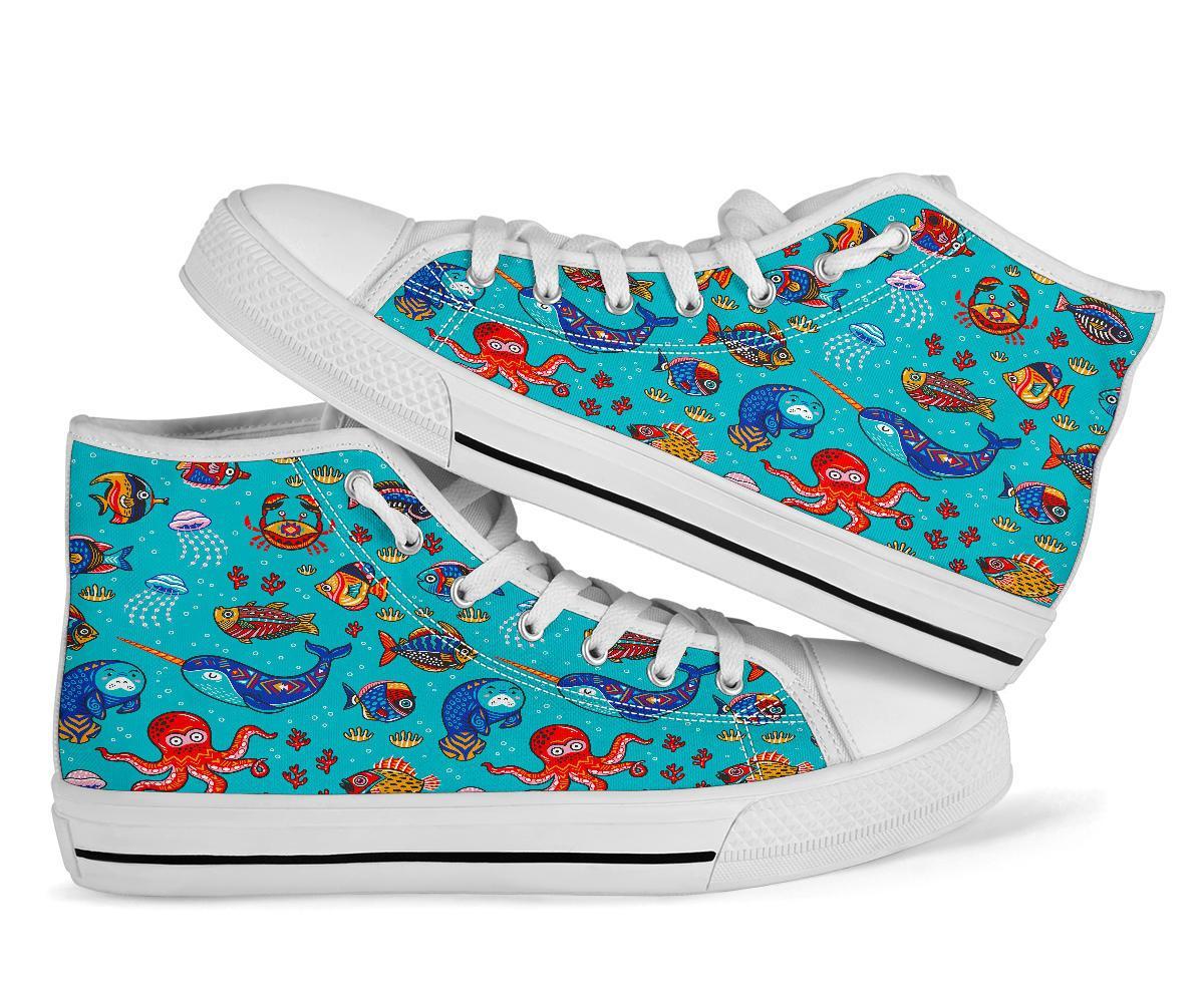 Manatee Whale Fish Octopus Pattern Print Men Women's High Top Shoes-grizzshop