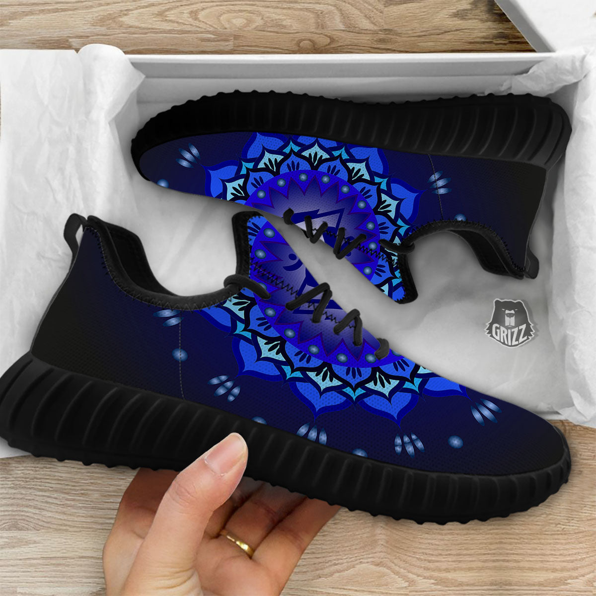 Mandala Ajna Chakra Print Black Walking Shoes-grizzshop