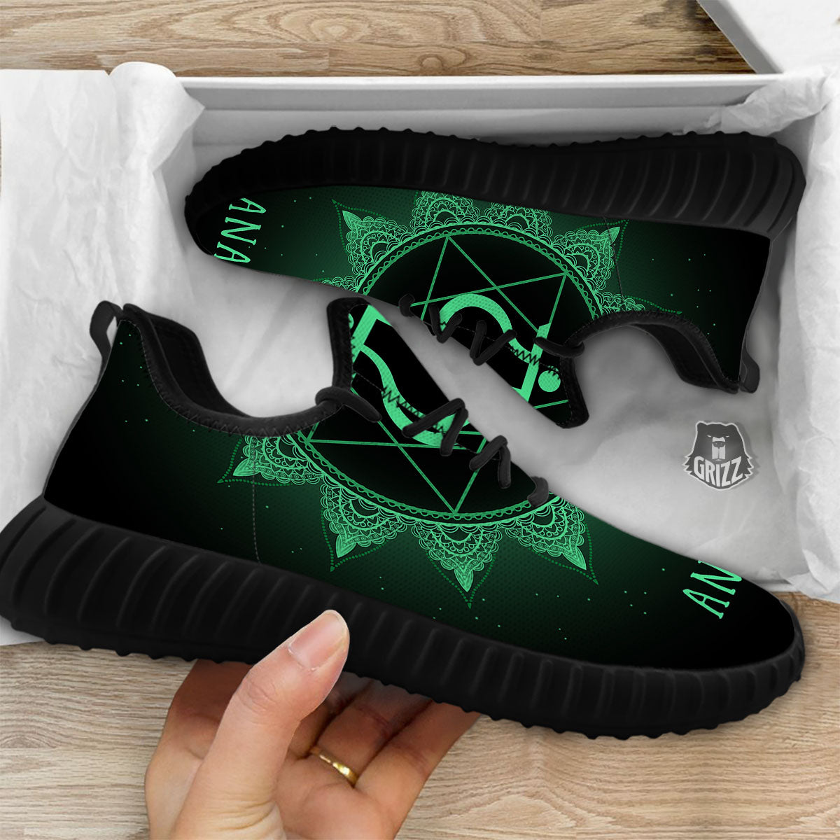 Mandala Anahata Chakra Print Black Walking Shoes-grizzshop