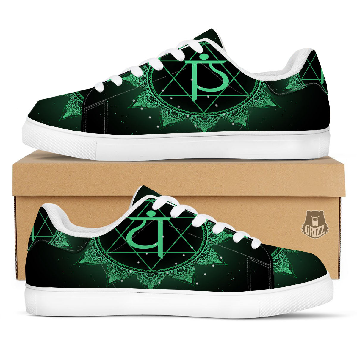 Mandala Anahata Chakra Print White Low Top Sneakers-grizzshop