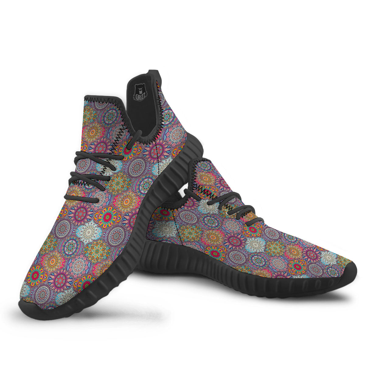 Mandala Bohemian Indian Print Pattern Black Walking Shoes-grizzshop