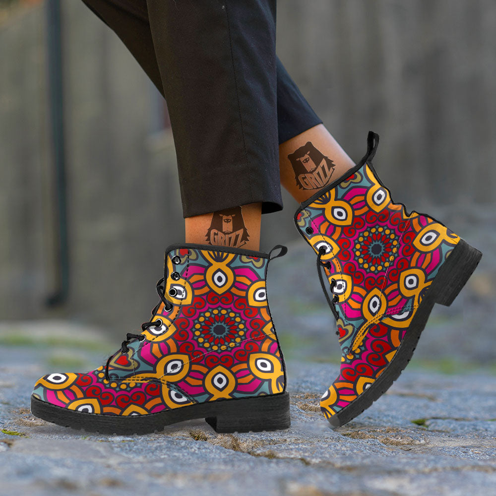 Mandala Bohemian Native Print Pattern Leather Boots-grizzshop