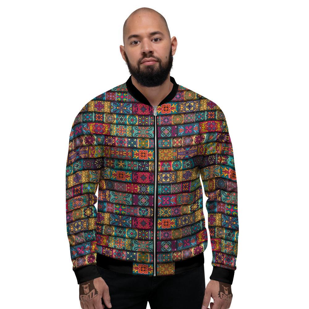 Mandala Bohemian Rectangle Print Pattern Men's Bomber Jacket-grizzshop