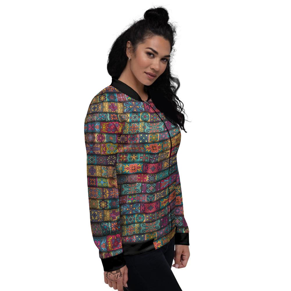 Mandala Bohemian Rectangle Print Pattern Women's Bomber Jacket-grizzshop