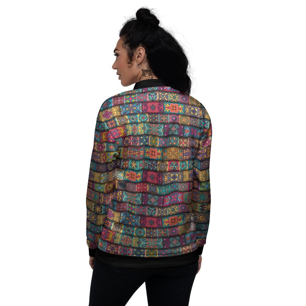 Mandala Bohemian Rectangle Print Pattern Women's Bomber Jacket-grizzshop