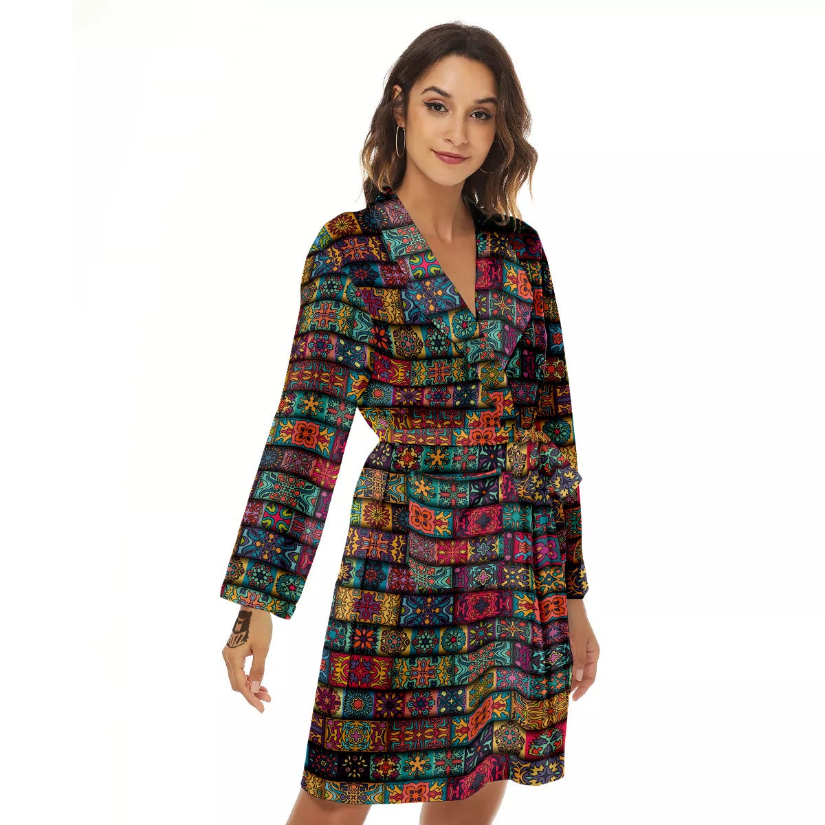 Mandala Bohemian Rectangle Print Pattern Women's Robe-grizzshop