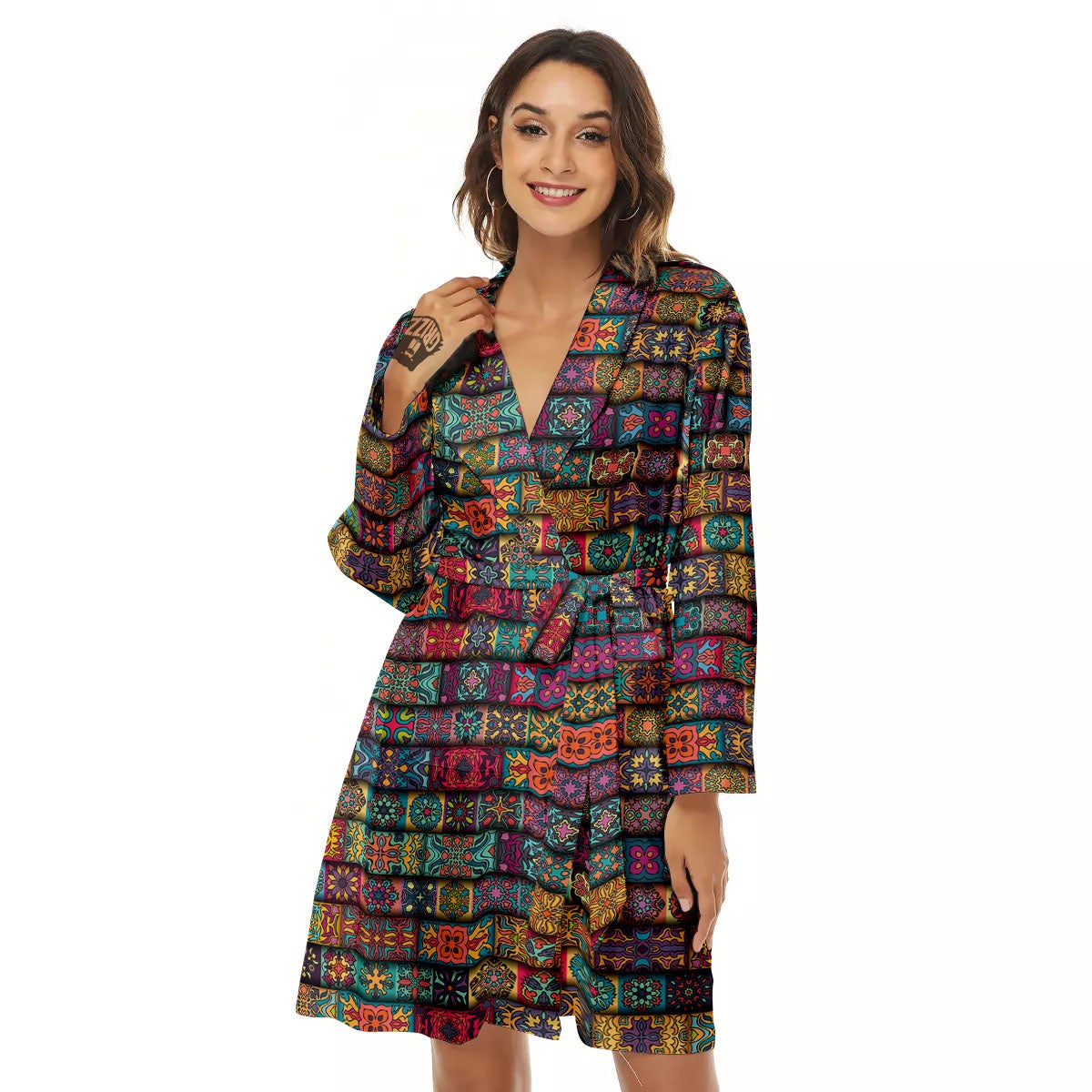 Mandala Bohemian Rectangle Print Pattern Women's Robe-grizzshop