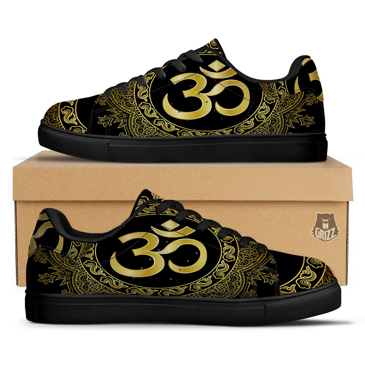 Mandala Boho Om Print Black Low Top Sneakers-grizzshop