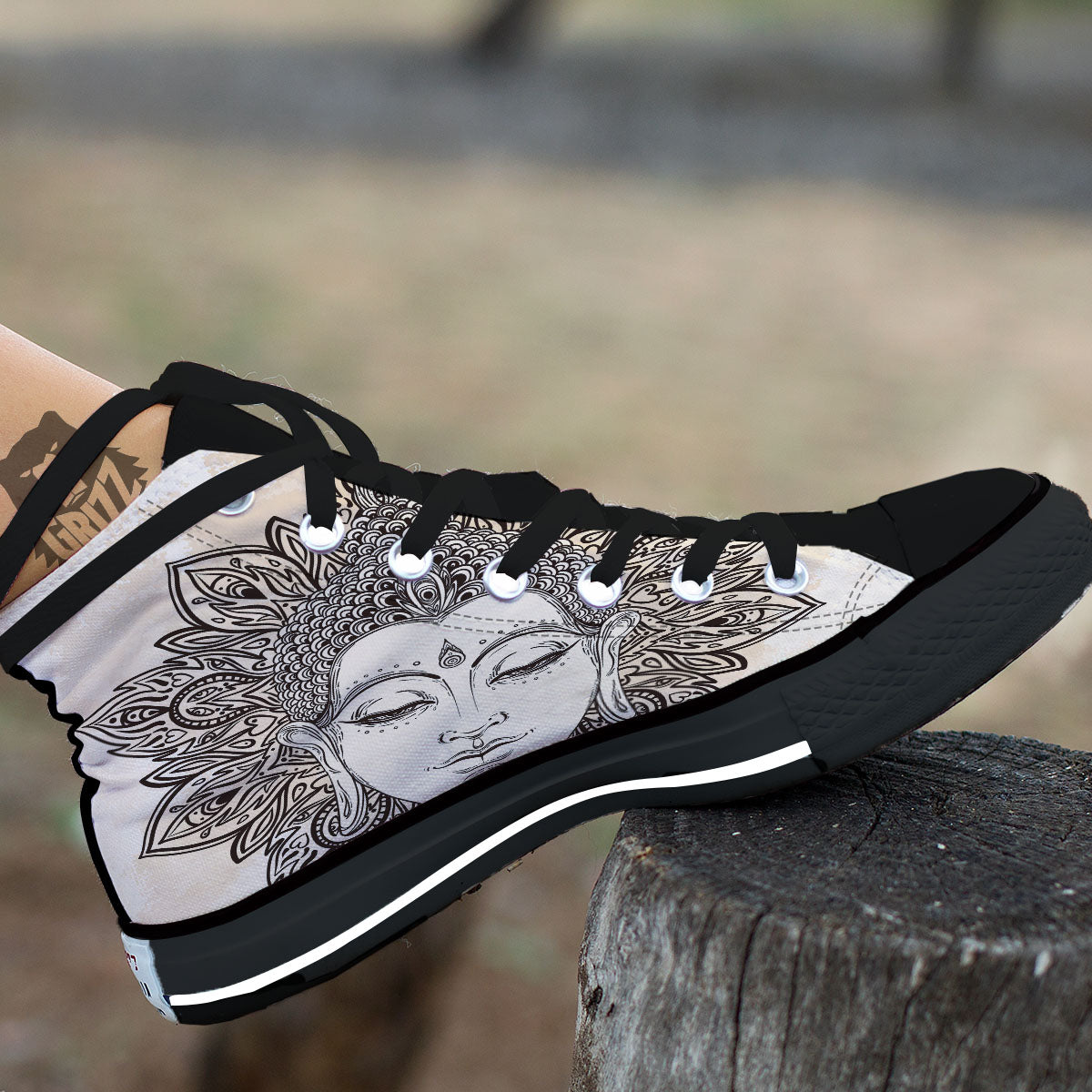 Mandala Buddha Beige Print Black High Top Shoes-grizzshop