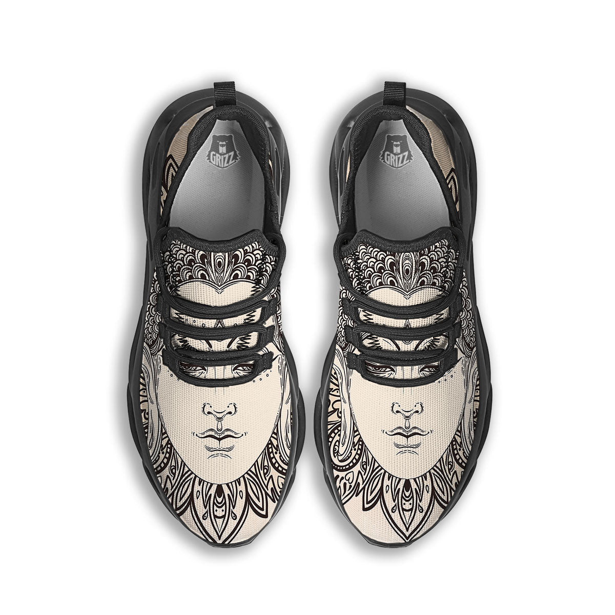 Mandala Buddha Beige Print Black Running Shoes-grizzshop