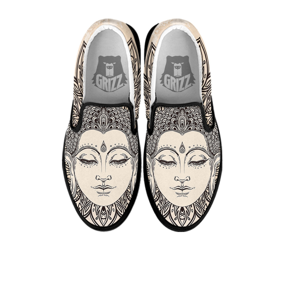 Mandala Buddha Beige Print Black Slip On Shoes-grizzshop