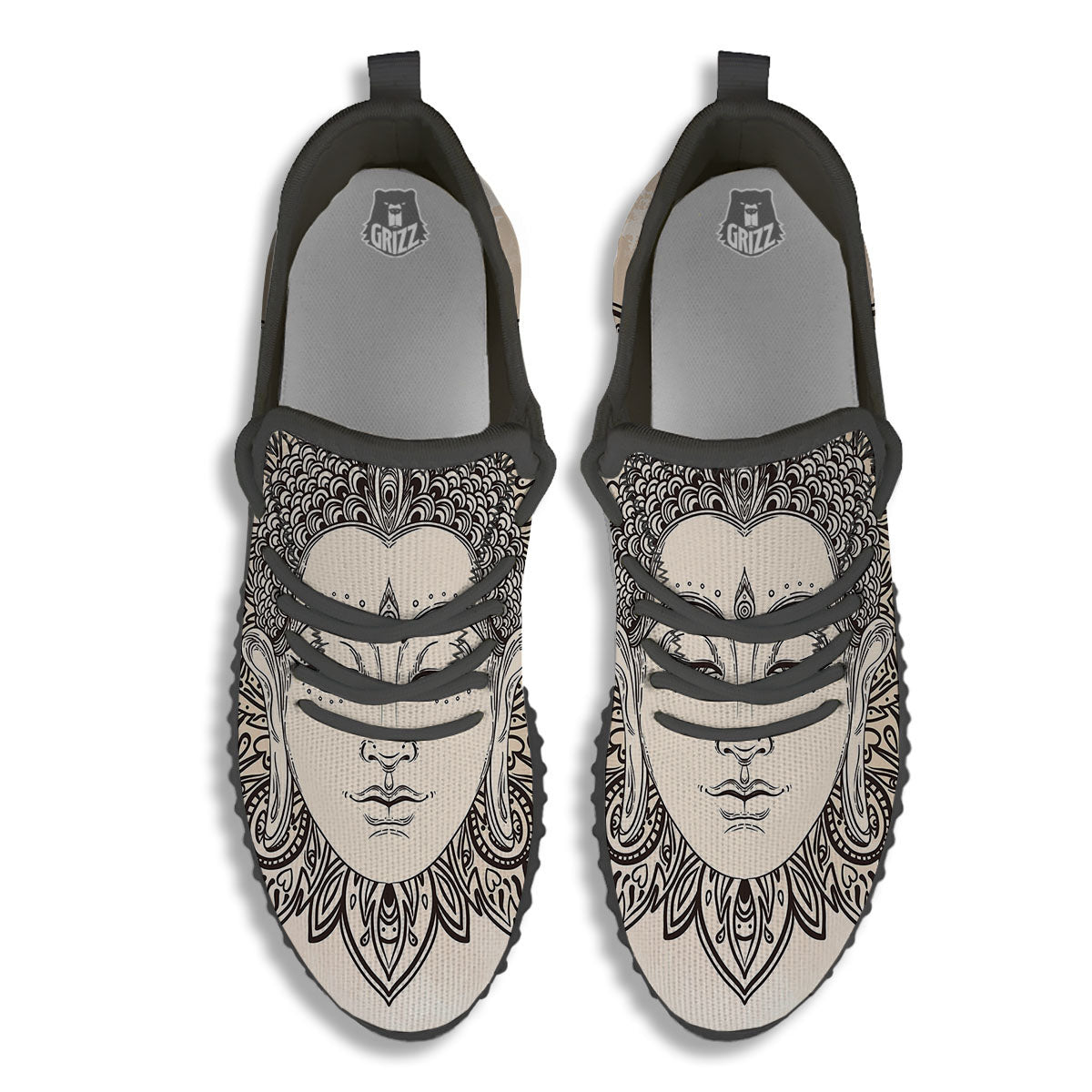 Mandala Buddha Beige Print Black Walking Shoes-grizzshop
