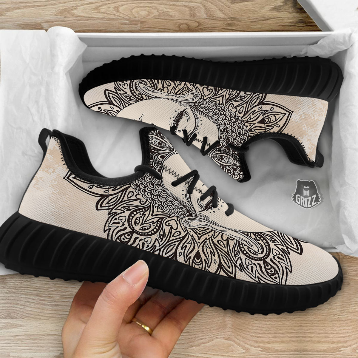 Mandala Buddha Beige Print Black Walking Shoes-grizzshop