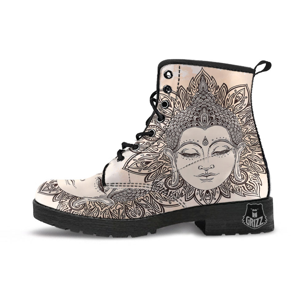 Mandala Buddha Beige Print Leather Boots-grizzshop