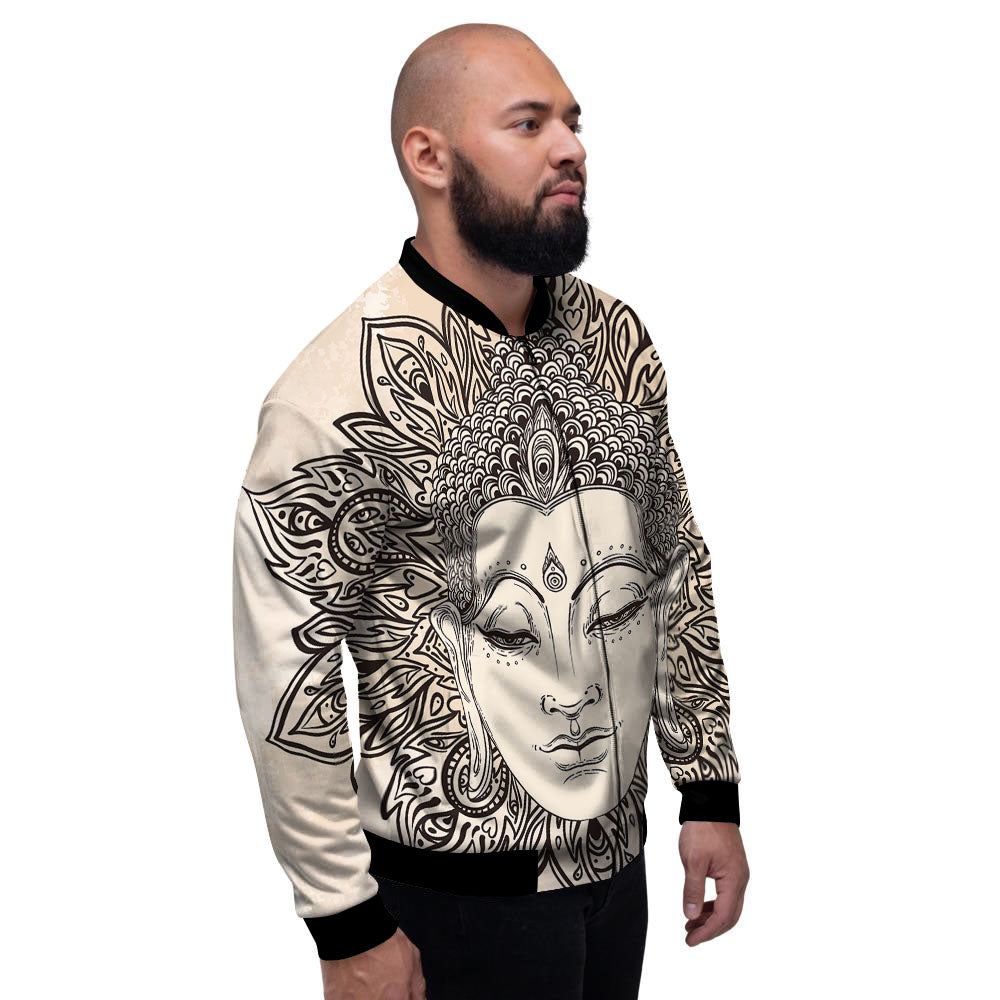 Mandala Buddha Beige Print Men's Bomber Jacket-grizzshop