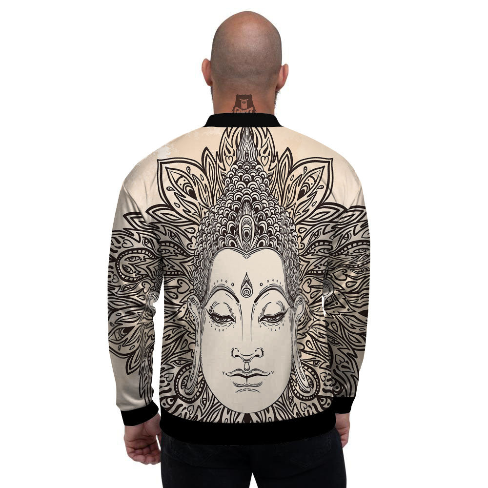 Mandala Buddha Beige Print Men's Bomber Jacket-grizzshop