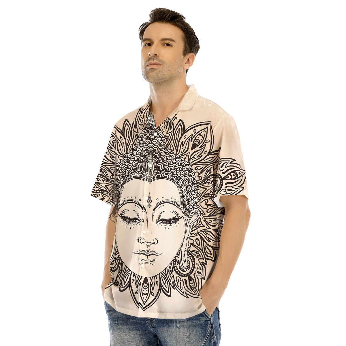 Mandala Buddha Beige Print Men's Hawaiian Shirt-grizzshop