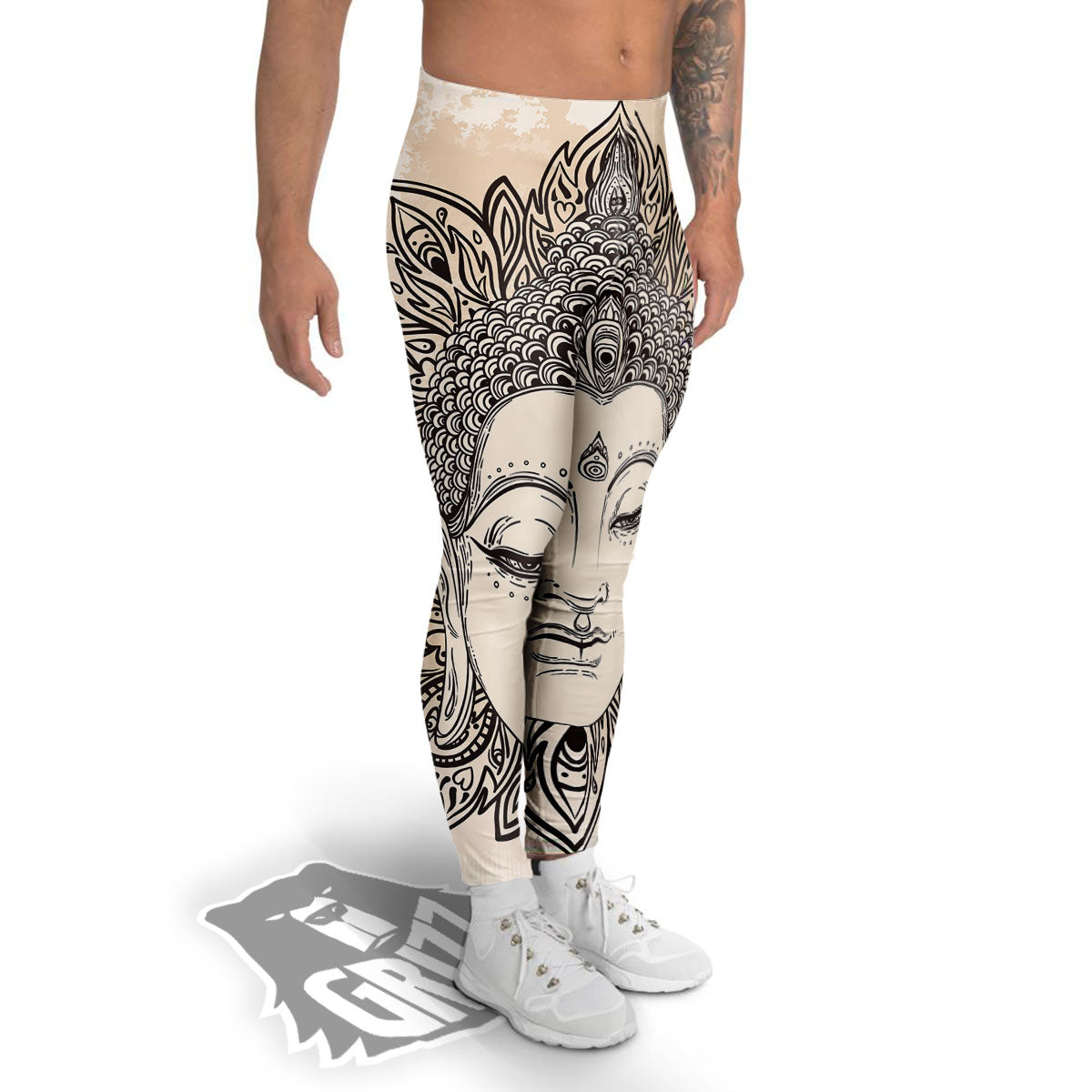 Mandala Buddha Beige Print Men's Leggings-grizzshop