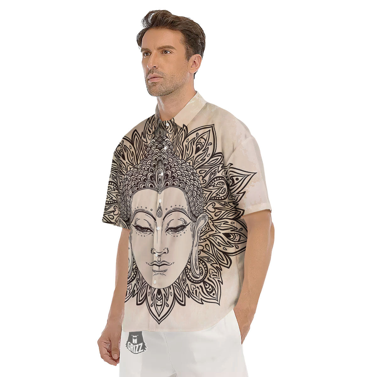 Mandala Buddha Beige Print Men's Short Sleeve Shirts-grizzshop