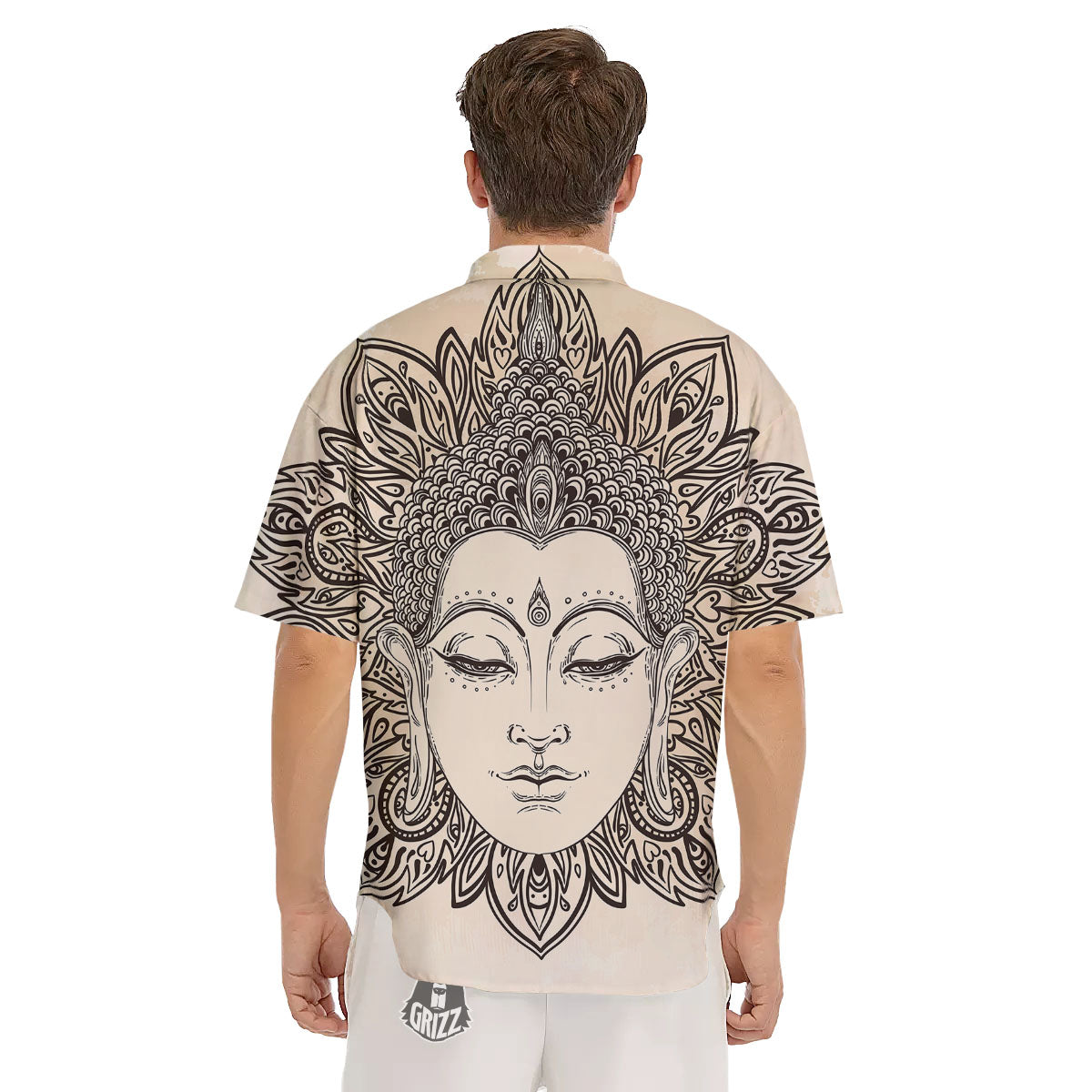 Mandala Buddha Beige Print Men's Short Sleeve Shirts-grizzshop