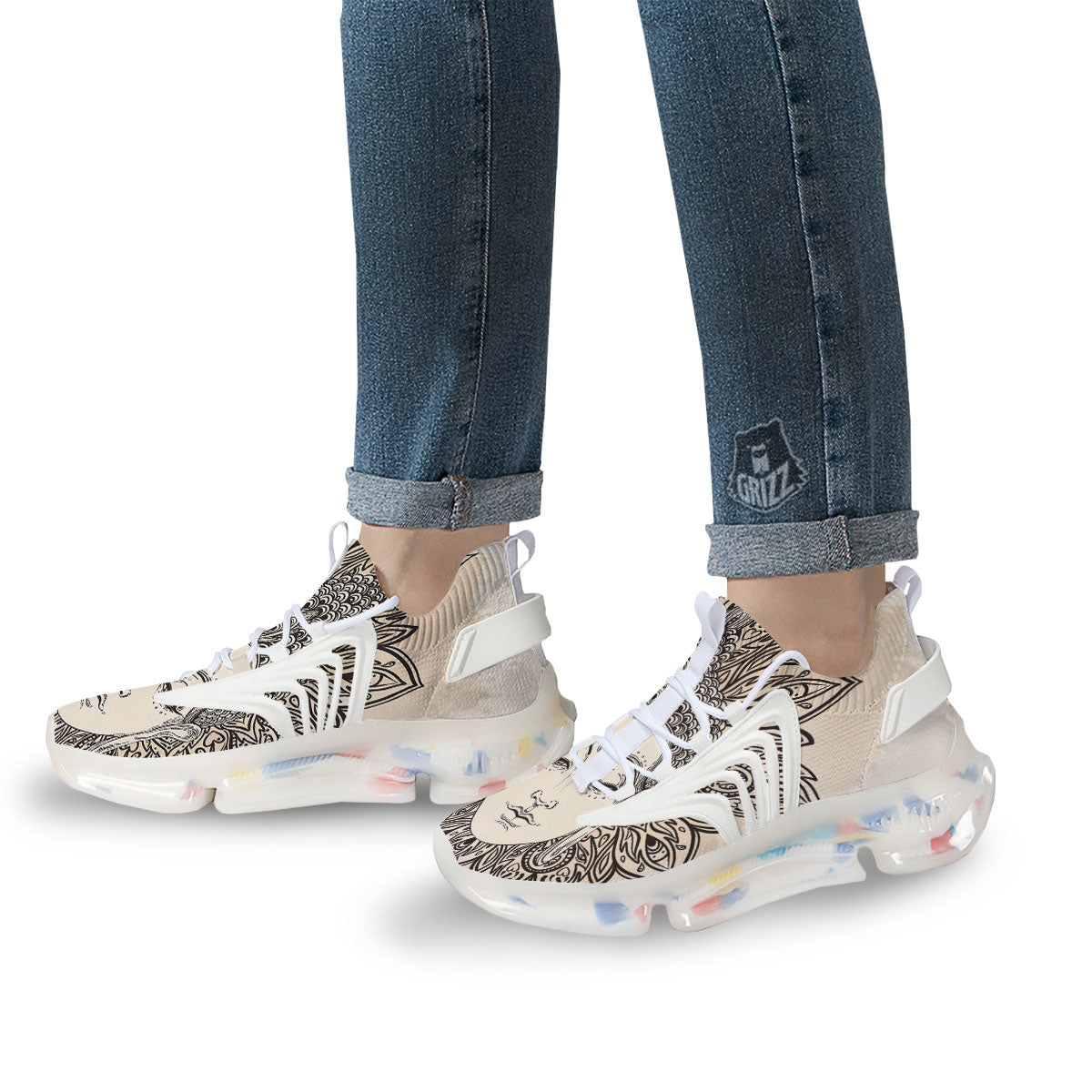 Mandala Buddha Beige Print White Gym Shoes-grizzshop