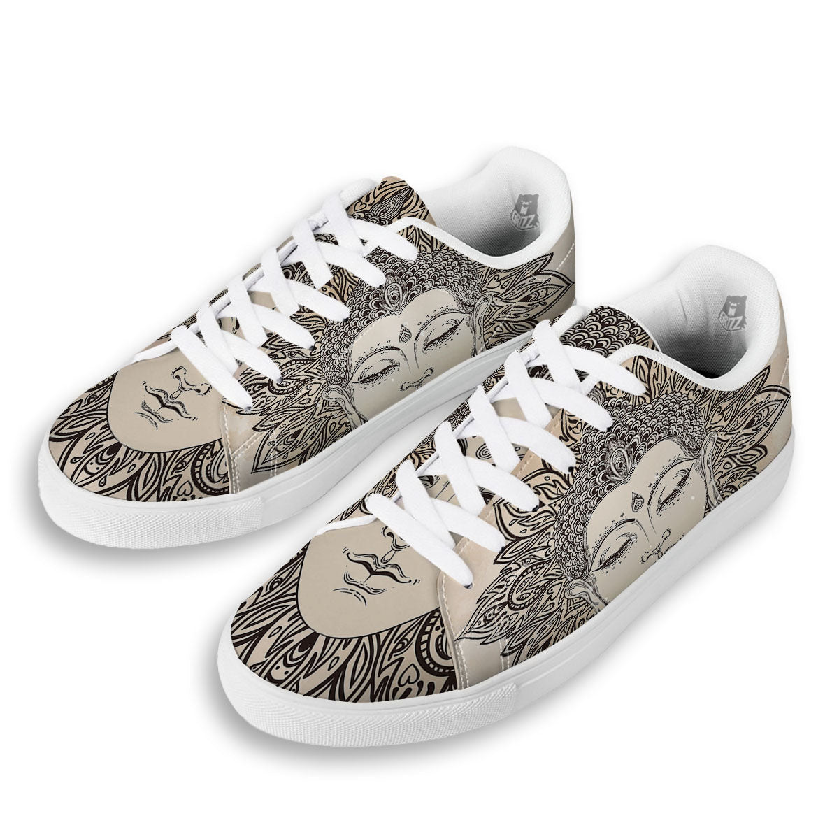 Mandala Buddha Beige Print White Low Top Sneakers-grizzshop
