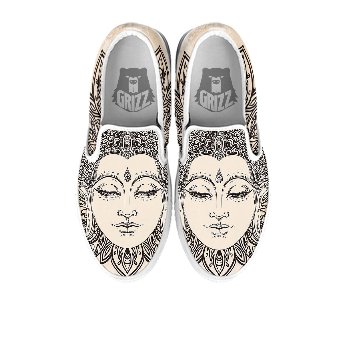 Mandala Buddha Beige Print White Slip On Shoes-grizzshop
