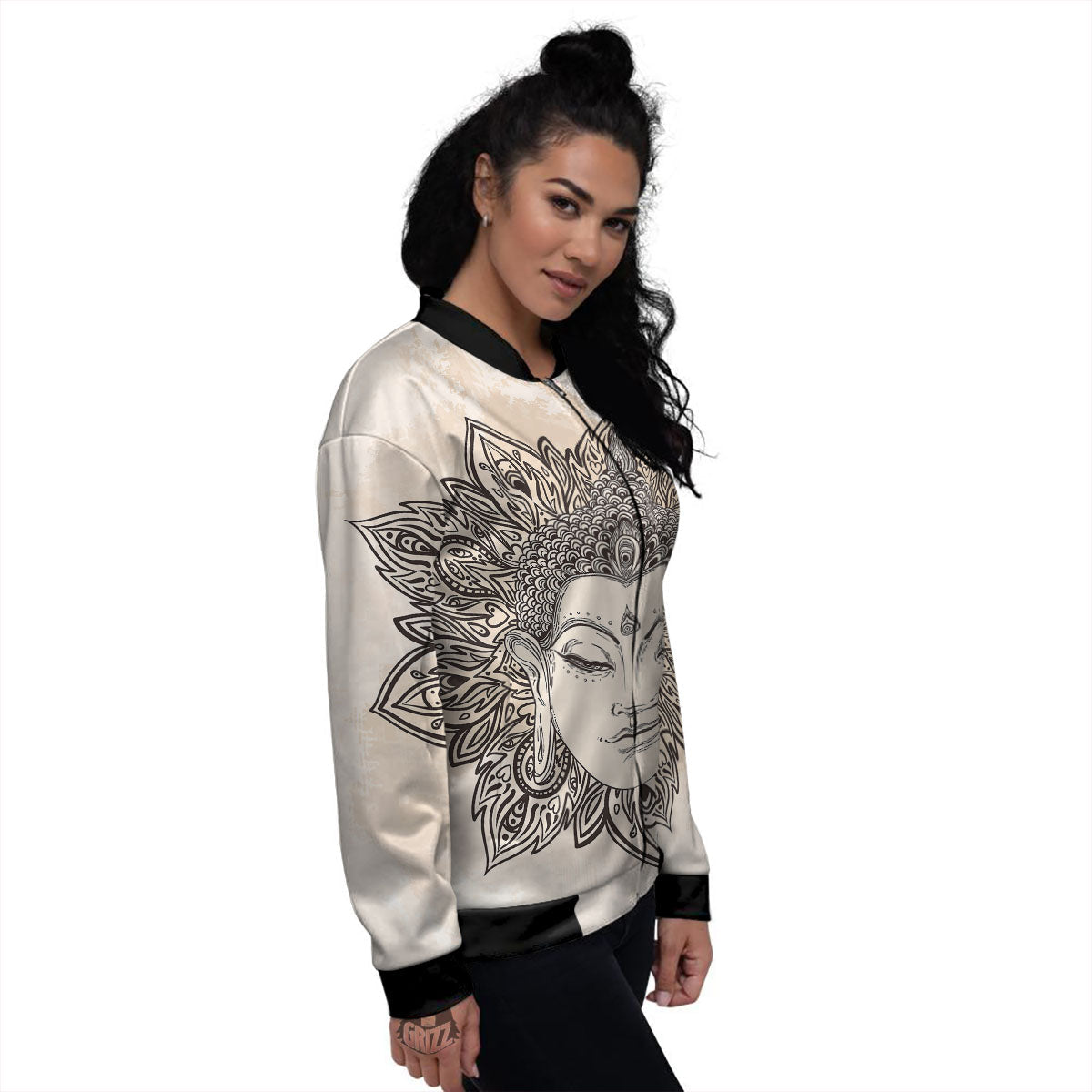 Mandala Buddha Beige Print Women's Bomber Jacket-grizzshop