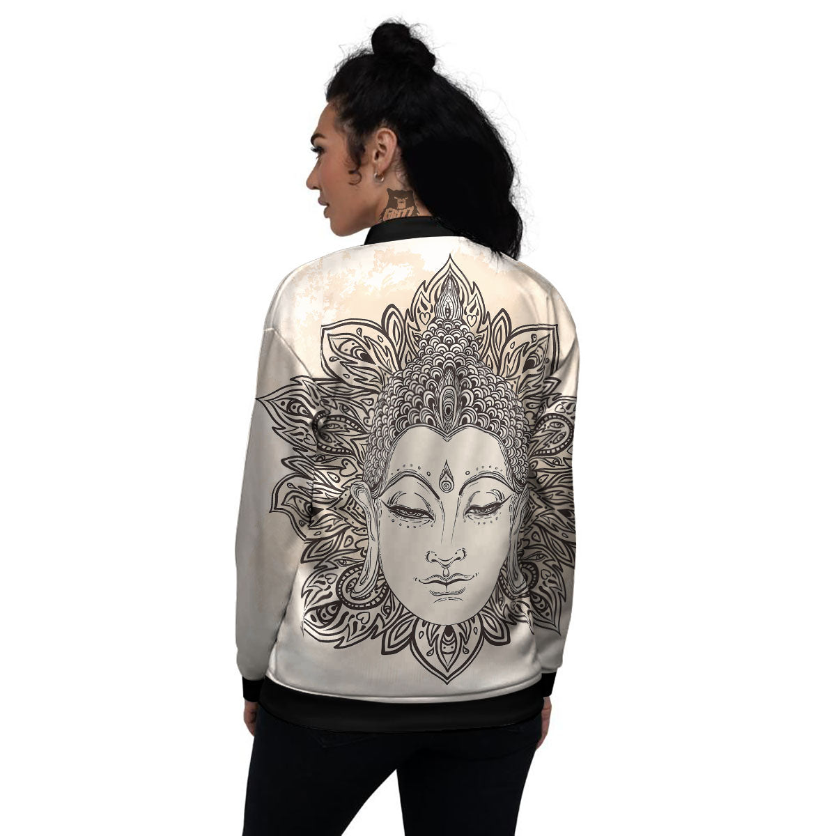 Mandala Buddha Beige Print Women's Bomber Jacket-grizzshop