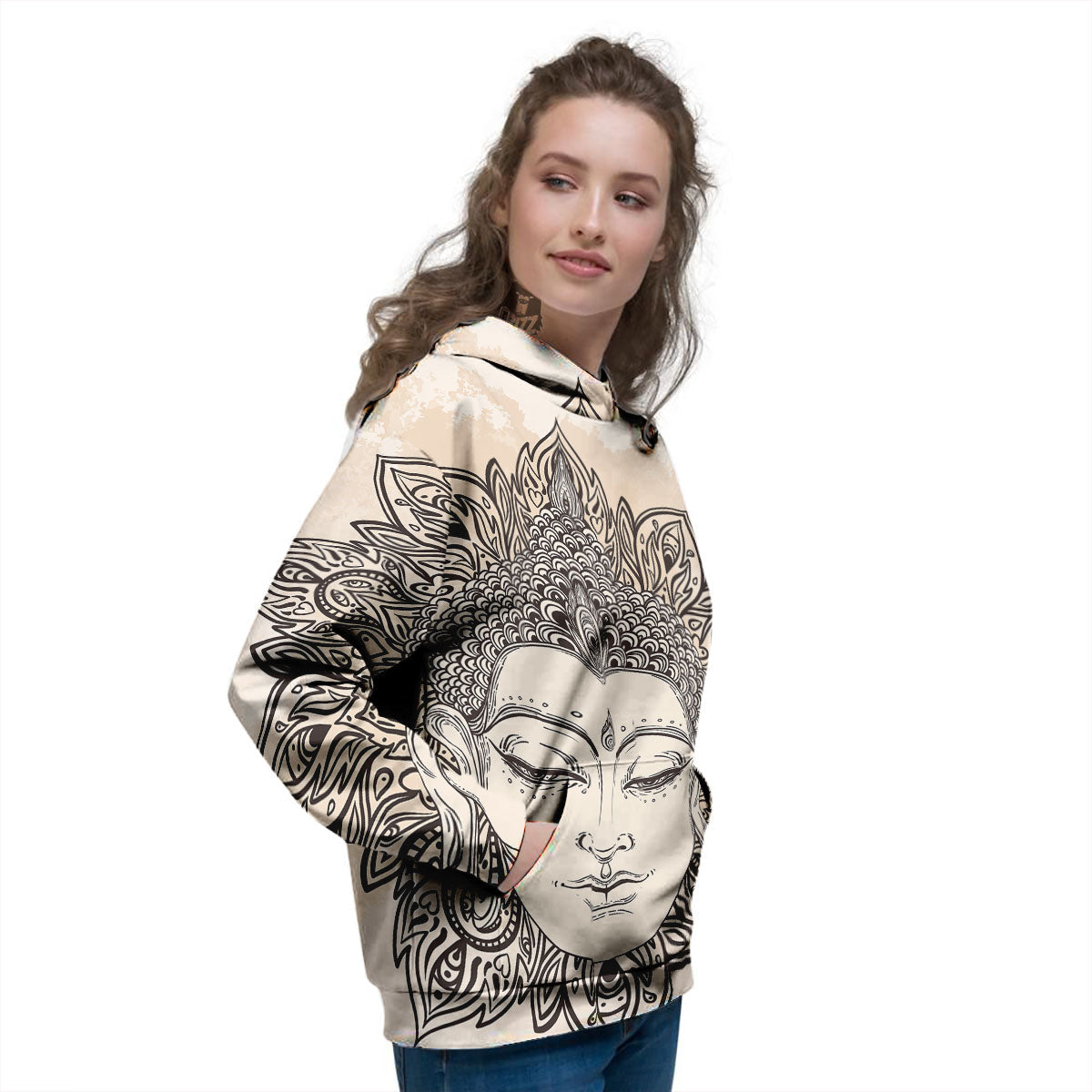 Mandala Buddha Beige Print Women's Hoodie-grizzshop