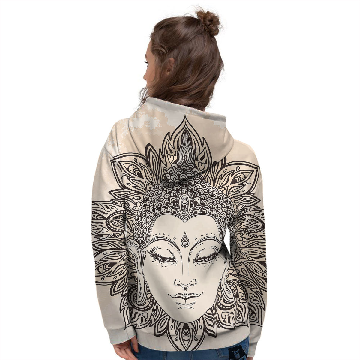 Mandala Buddha Beige Print Women's Hoodie-grizzshop