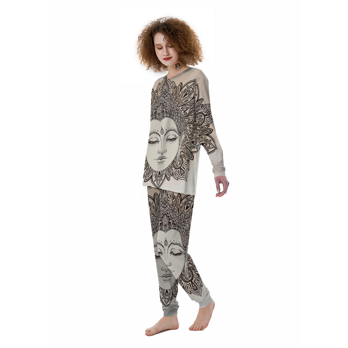 Mandala Buddha Beige Print Women's Pajamas-grizzshop