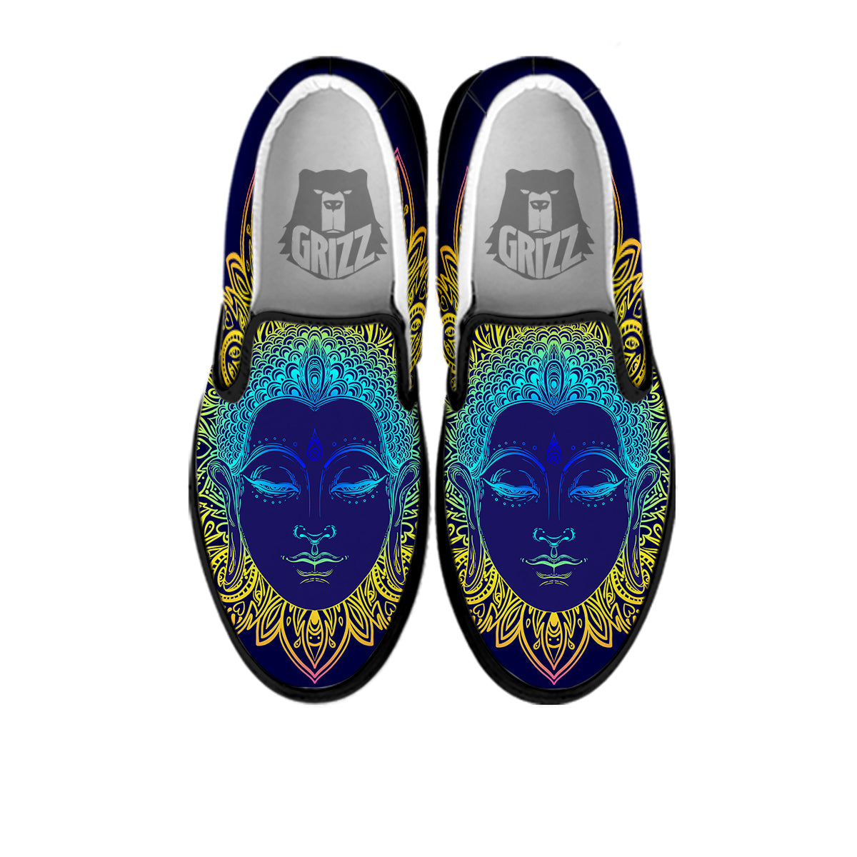 Mandala Buddha Colorful Print Black Slip On Shoes-grizzshop