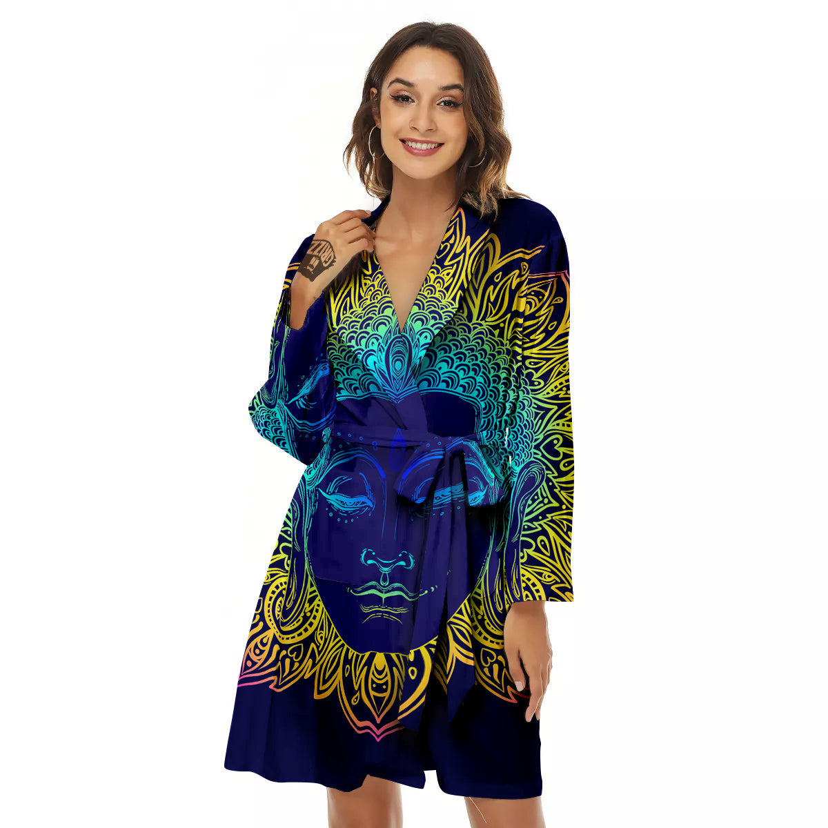 Mandala Buddha Colorful Print Women's Robe-grizzshop