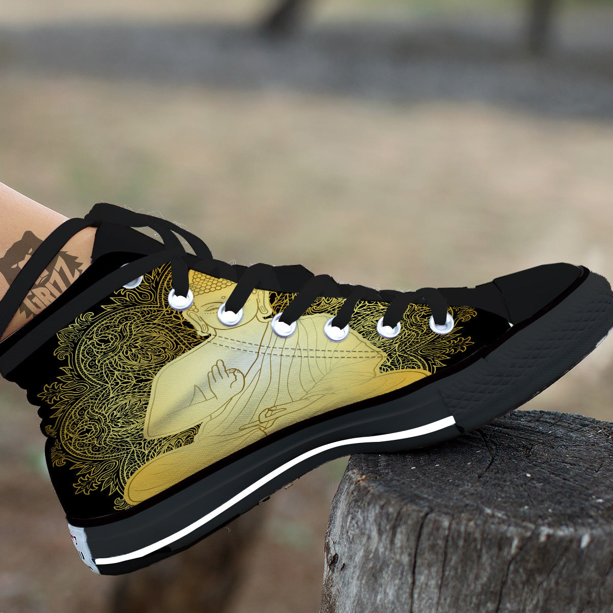 Mandala Buddha Statue Print Black High Top Shoes-grizzshop