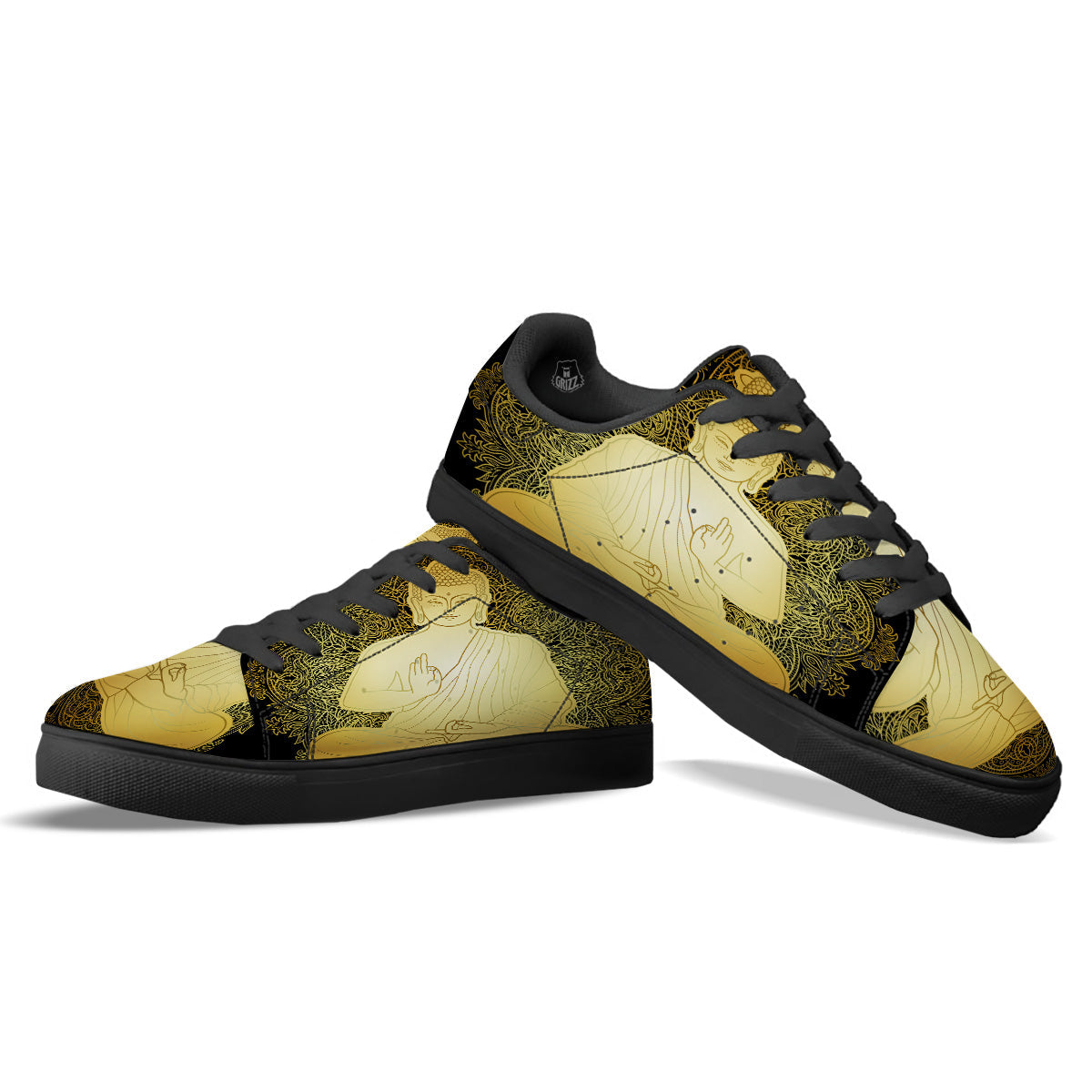 Mandala Buddha Statue Print Black Low Top Sneakers-grizzshop
