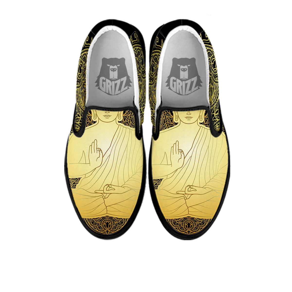 Mandala Buddha Statue Print Black Slip On Shoes-grizzshop