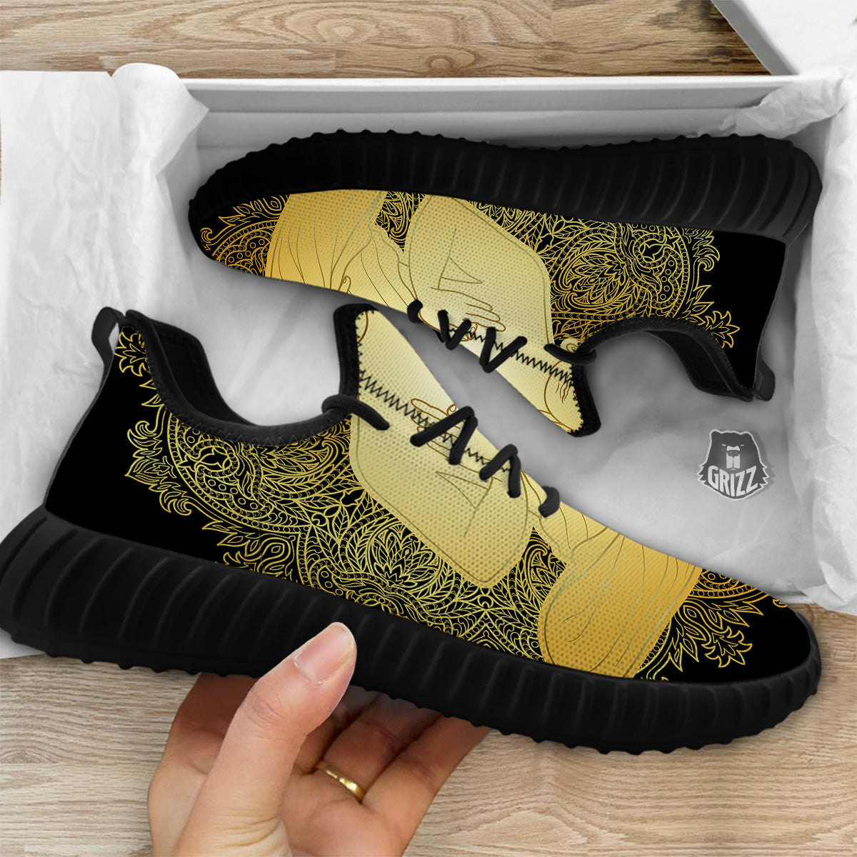 Mandala Buddha Statue Print Black Walking Shoes-grizzshop
