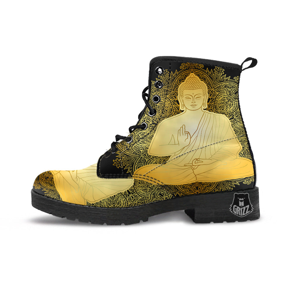 Mandala Buddha Statue Print Leather Boots-grizzshop