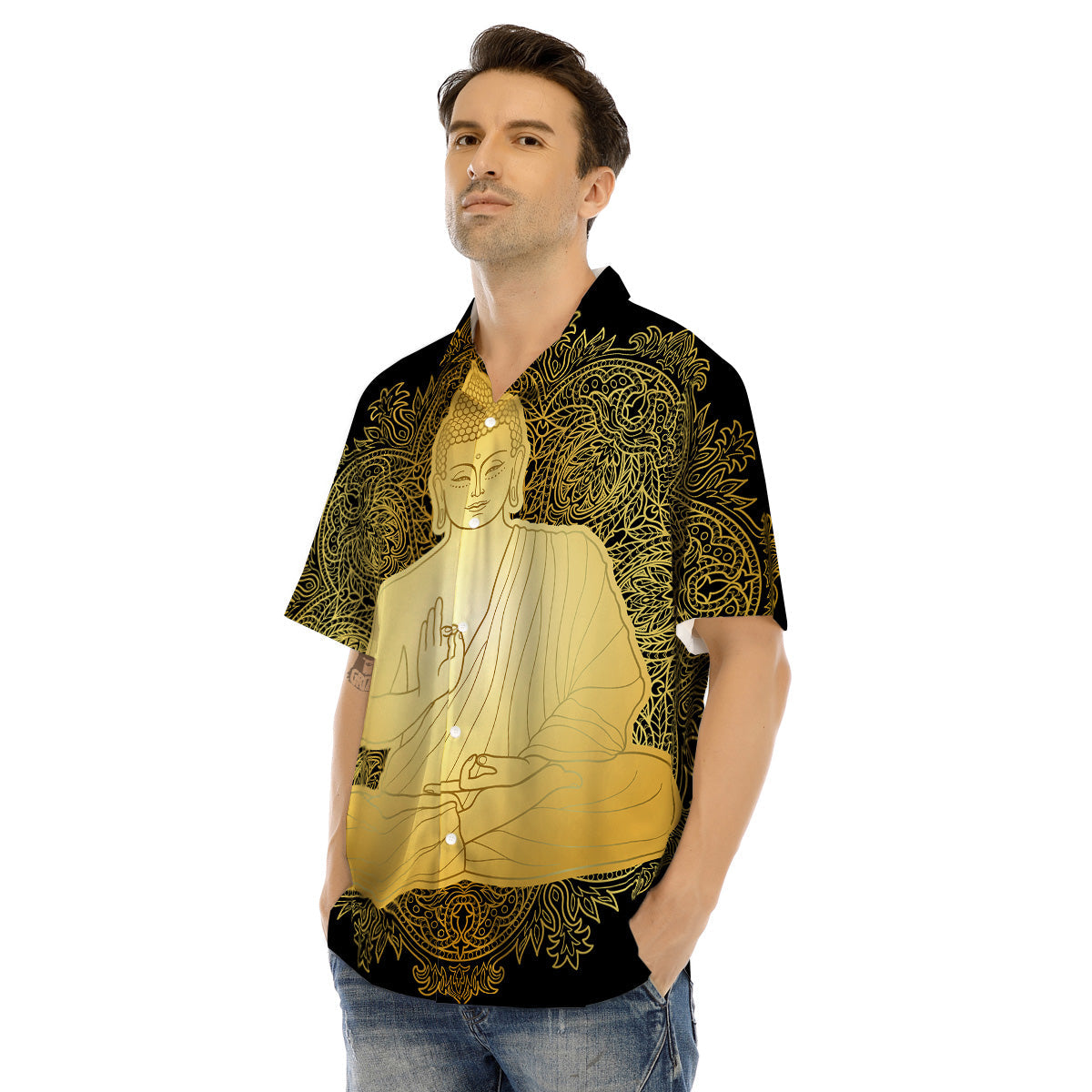 Mandala Buddha Statue Print Men's Hawaiian Shirt-grizzshop