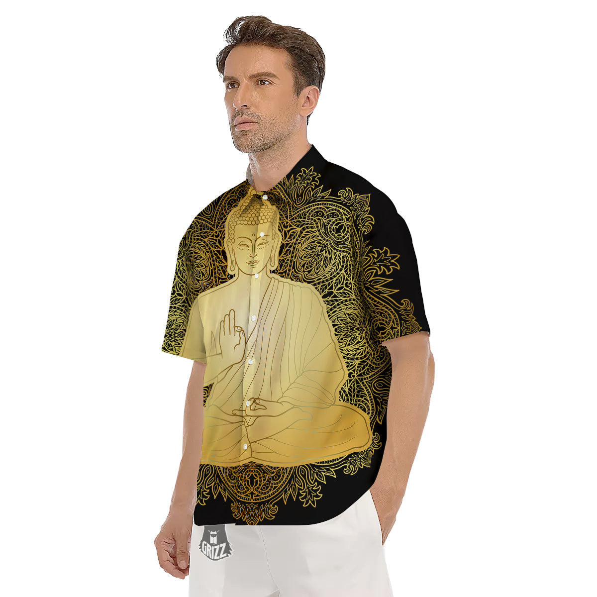 Mandala Buddha Statue Print Men's Short Sleeve Shirts-grizzshop