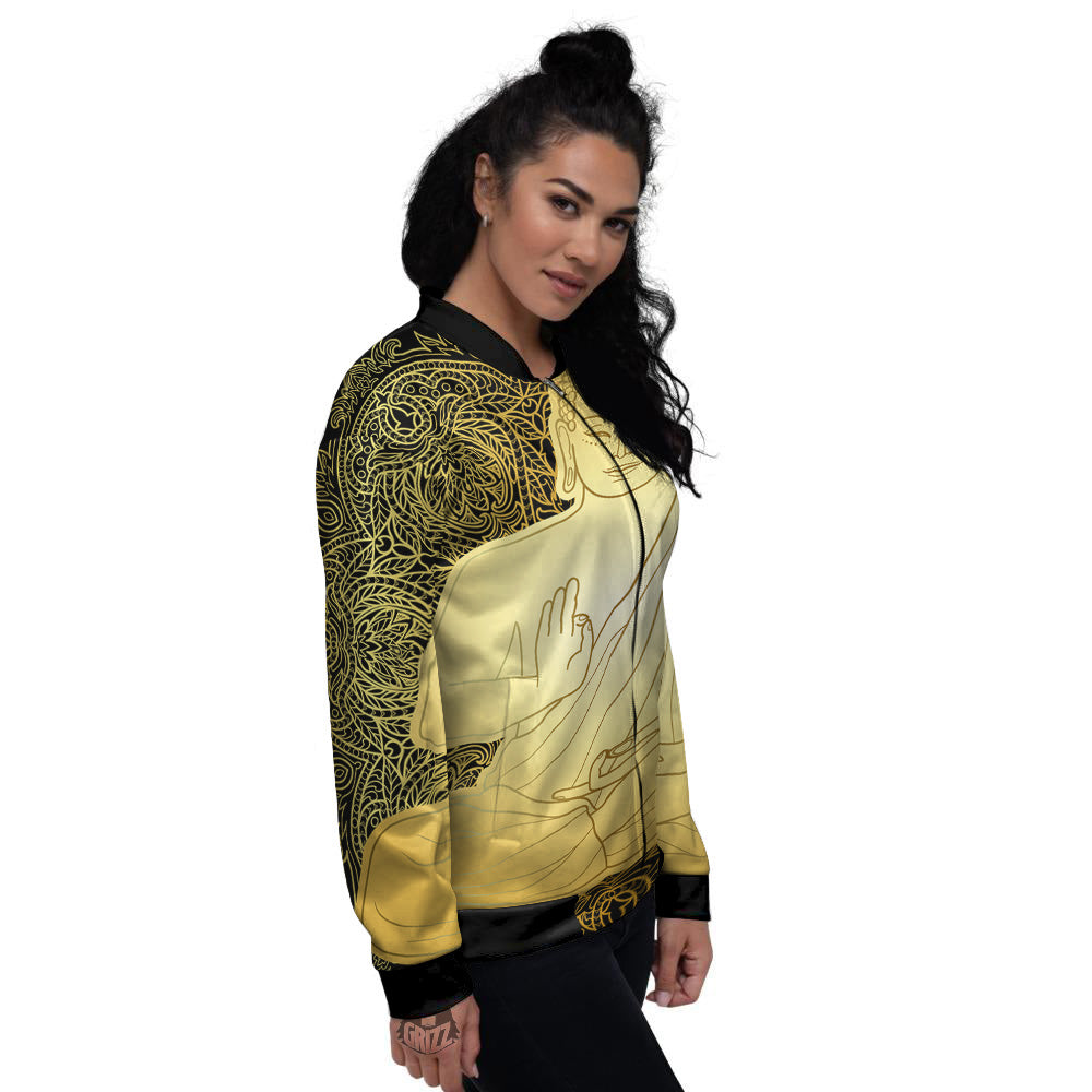 Mandala Buddha Statue Print Women's Bomber Jacket-grizzshop