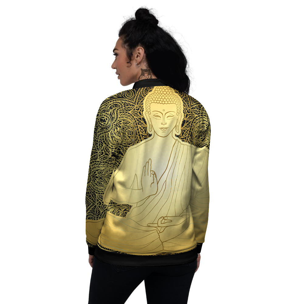 Mandala Buddha Statue Print Women's Bomber Jacket-grizzshop