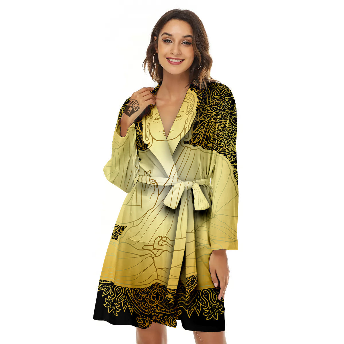 Mandala Buddha Statue Print Women's Robe-grizzshop