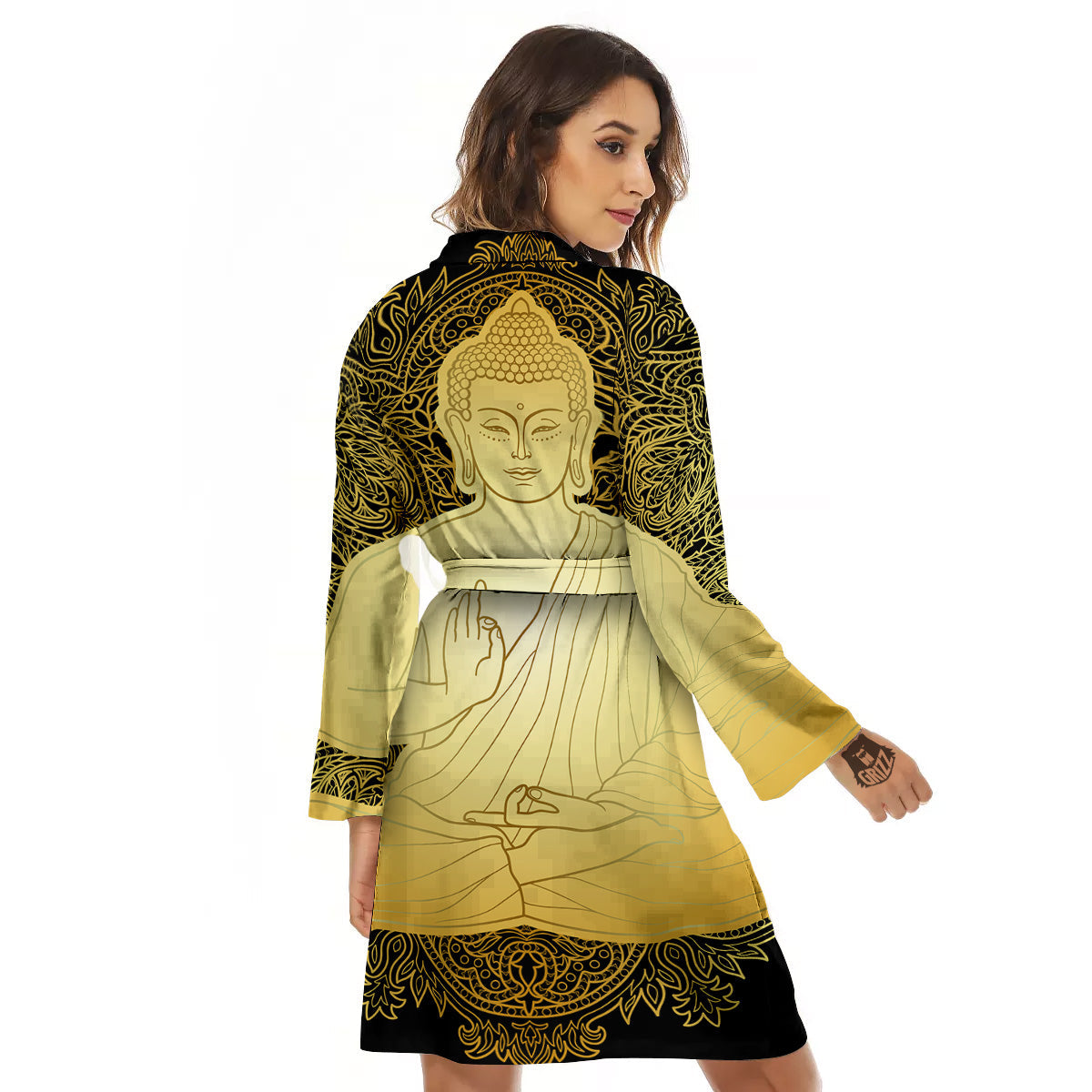 Mandala Buddha Statue Print Women's Robe-grizzshop